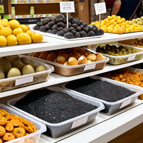 Home 11 **A vibrant, eye-level shot showcasing an array of innovative and sustainable food packaging options at a Portuguese marketplace ("Mercado").** The display includes seaweed-based pouches holding dried fruits, mushroom mycelium packaging cradling delicate pastries (Pastéis de nata), and transparent PLA containers filled with locally sourced olives. Focus on the natural textures and colors of the packaging and the fresh produce, with shoppers interacting with the products in the background. The lighting should be bright and inviting, emphasizing the eco-friendly nature of the packaging.