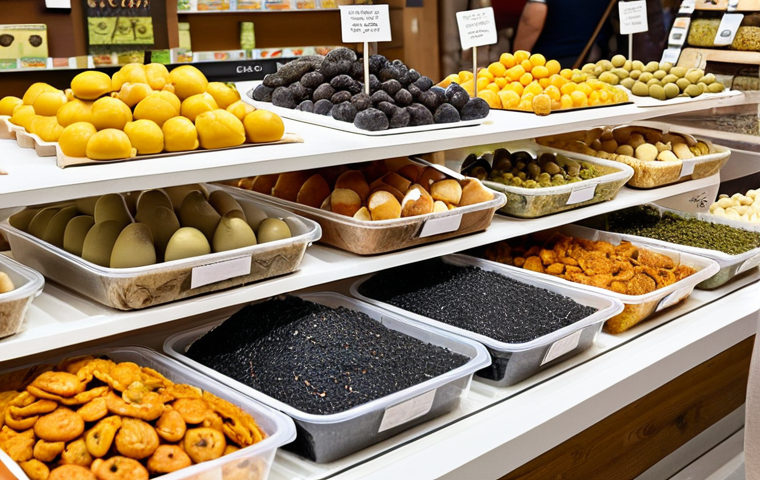 **A vibrant, eye-level shot showcasing an array of innovative and sustainable food packaging options at a Portuguese marketplace ("Mercado").** The display includes seaweed-based pouches holding dried fruits, mushroom mycelium packaging cradling delicate pastries (Pastéis de nata), and transparent PLA containers filled with locally sourced olives. Focus on the natural textures and colors of the packaging and the fresh produce, with shoppers interacting with the products in the background. The lighting should be bright and inviting, emphasizing the eco-friendly nature of the packaging.