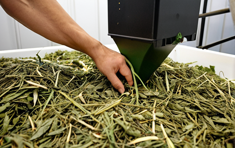 A close-up shot of agricultural waste (like vine clippings) being processed into biodegradable packaging in a modern facility in Portugal. Show the transformation from raw material to finished product, highlighting the innovative and sustainable process.