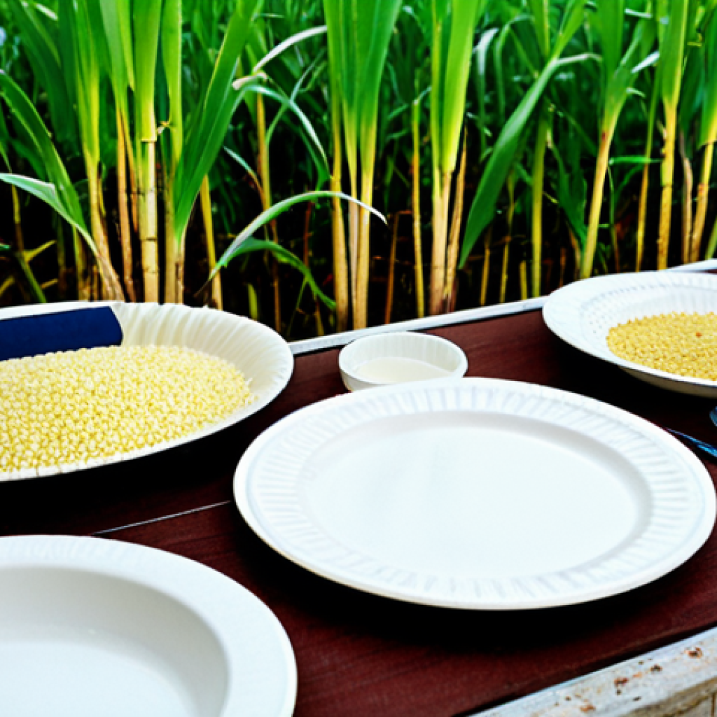 Bioplastics in Action**
"A close-up shot of various biodegradable products made from cornstarch and sugarcane: plates, cutlery, and food packaging. Showcase the texture and natural appearance of the materials. Background: A lush sugarcane field. safe for work, appropriate content, fully clothed, professional, perfect anatomy, natural proportions, high quality"
**