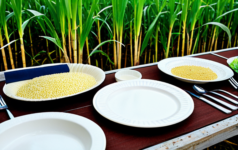 Bioplastics in Action**

"A close-up shot of various biodegradable products made from cornstarch and sugarcane: plates, cutlery, and food packaging. Showcase the texture and natural appearance of the materials. Background: A lush sugarcane field. safe for work, appropriate content, fully clothed, professional, perfect anatomy, natural proportions, high quality"

**