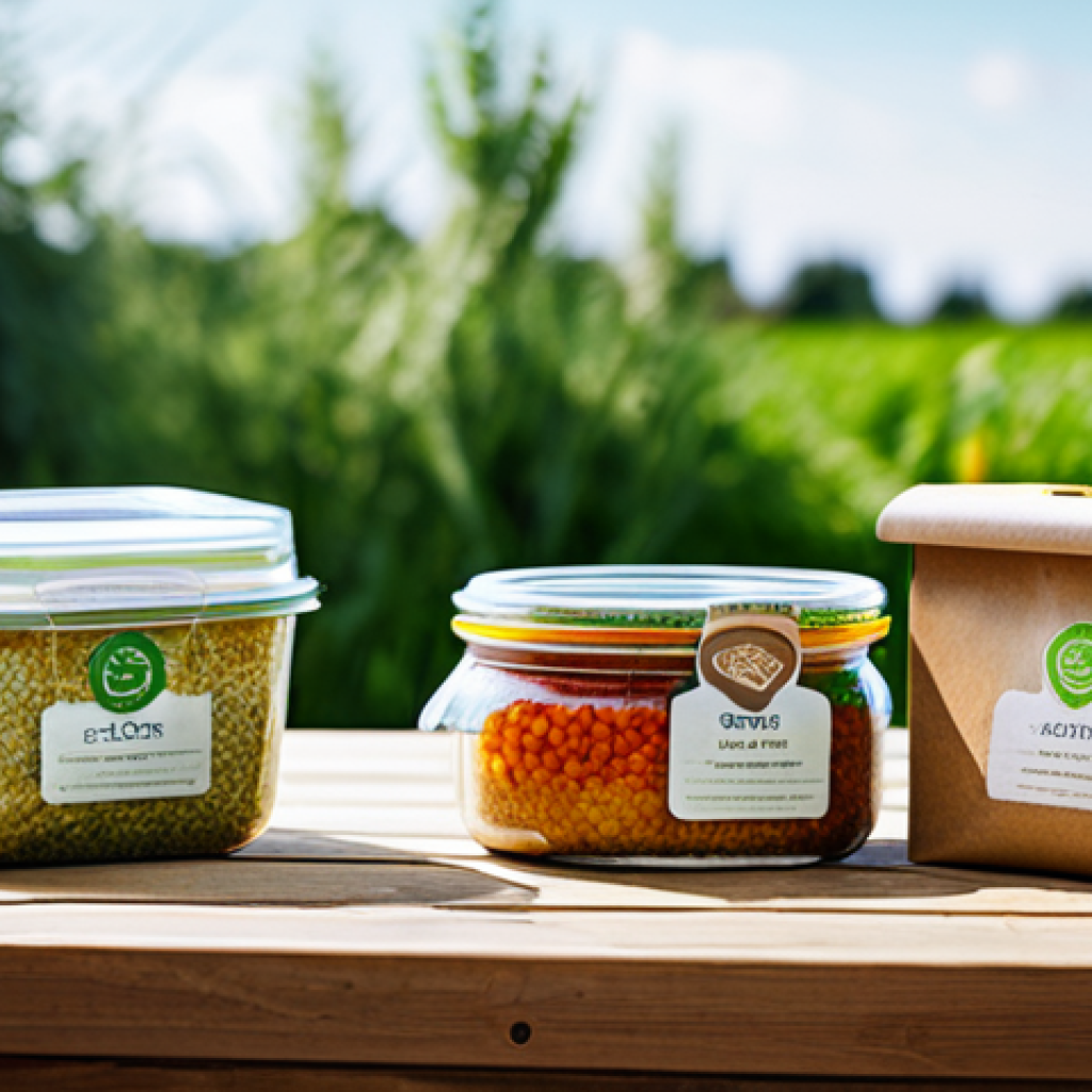 Sustainable Packaging**
A brightly lit photograph of various eco-friendly product packaging alternatives displayed on a wooden table. Includes biodegradable food containers made from plant fibers, reusable shopping bags, and glass jars. Emphasis on natural textures and colors. Background should show a blurred farmers market scene. fully clothed, appropriate attire, safe for work, perfect anatomy, natural proportions, professional photography, high quality.
**