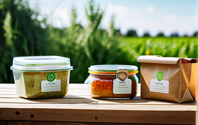Sustainable Packaging**
A brightly lit photograph of various eco-friendly product packaging alternatives displayed on a wooden table. Includes biodegradable food containers made from plant fibers, reusable shopping bags, and glass jars. Emphasis on natural textures and colors. Background should show a blurred farmers market scene. fully clothed, appropriate attire, safe for work, perfect anatomy, natural proportions, professional photography, high quality.
**