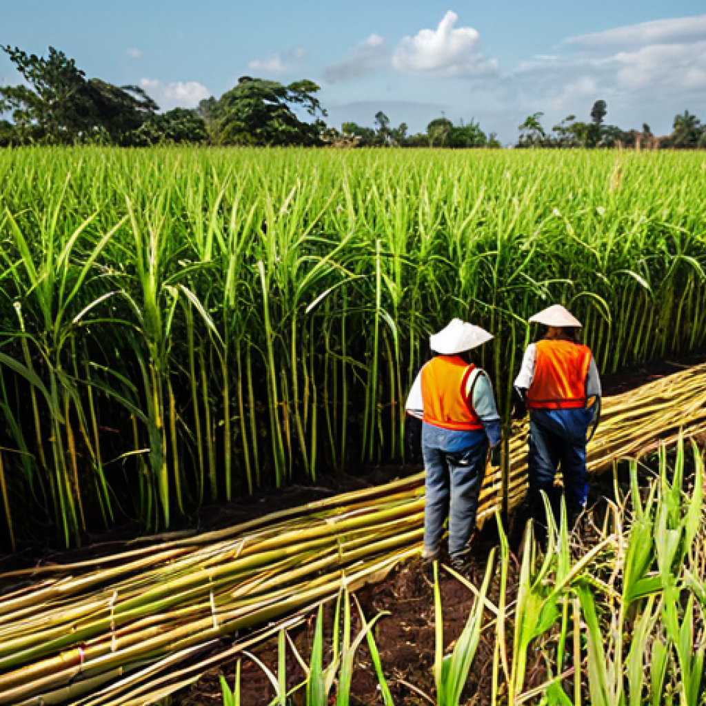 Sugarcane Bioplastic Harvest**
A sunlit sugarcane field in São Paulo, Brazil. Workers harvest cane used for ethanol production for bioplastics. Focus on the lush greenery and agricultural setting. Safe for work, appropriate content, fully clothed workers, professional photography, natural proportions, family-friendly.
**