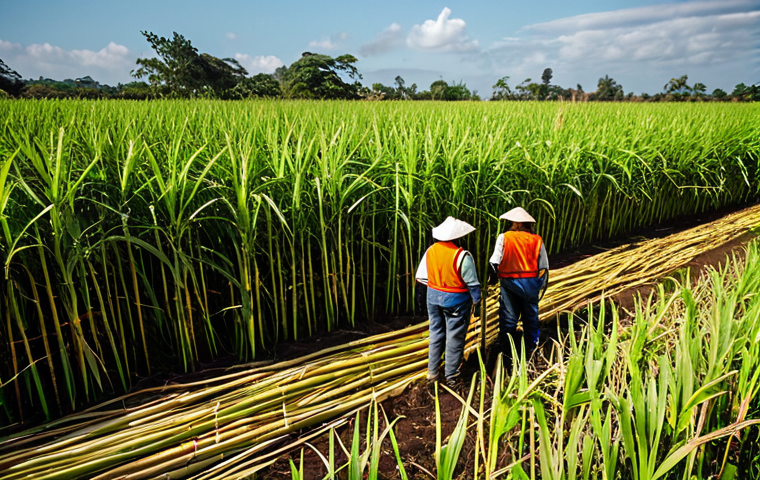 Sugarcane Bioplastic Harvest**

A sunlit sugarcane field in S&atilde;o Paulo, Brazil. Workers harvest cane used for ethanol production for bioplastics. Focus on the lush greenery and agricultural setting. Safe for work, appropriate content, fully clothed workers, professional photography, natural proportions, family-friendly.

**