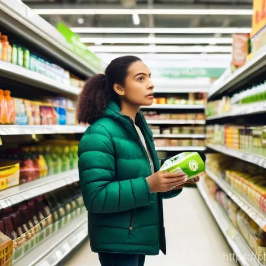대체 플라스틱 소재의 기술적 한계 - **Prompt:** A realistic, eye-level shot inside a brightly lit supermarket aisle, focusing on a diver...