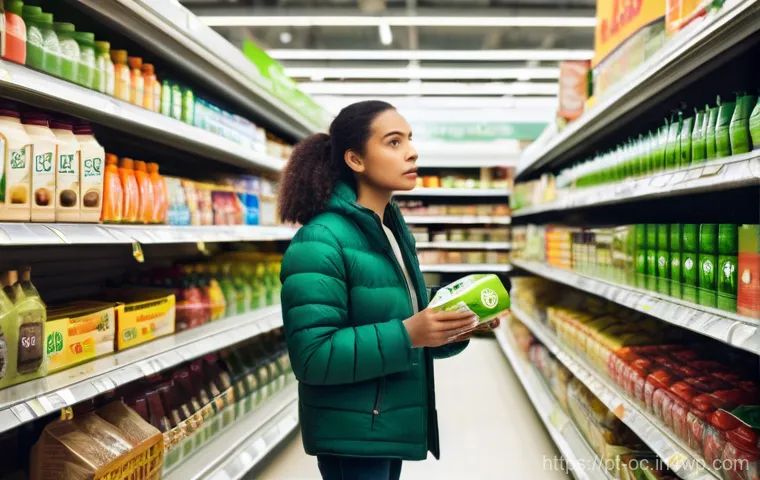대체 플라스틱 소재의 기술적 한계 - **Prompt:** A realistic, eye-level shot inside a brightly lit supermarket aisle, focusing on a diver...