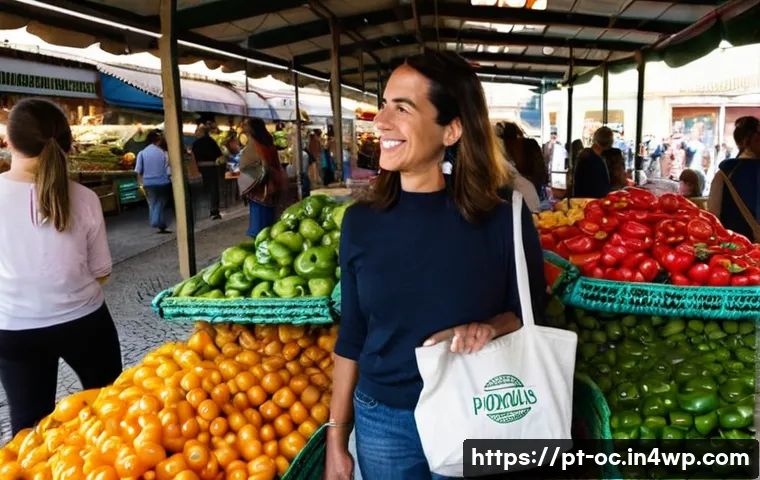 대체 플라스틱 소재의 소비자 행동 변화 - **Prompt 1: A Conscious Shopping Experience in Lisbon**
"A vibrant, medium-shot photograph of a ...