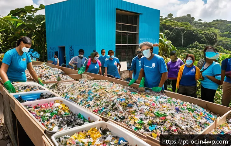 대체 플라스틱 소재와 탄소 중립 - A vibrant Brazilian urban recycling cooperative scene showing diverse adults and elderly workers sor...