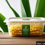 Home 20 대체 플라스틱 소재의 디자인 혁신 - A detailed close-up of biodegradable bioplastic packaging made from corn starch and sugarcane, showc...