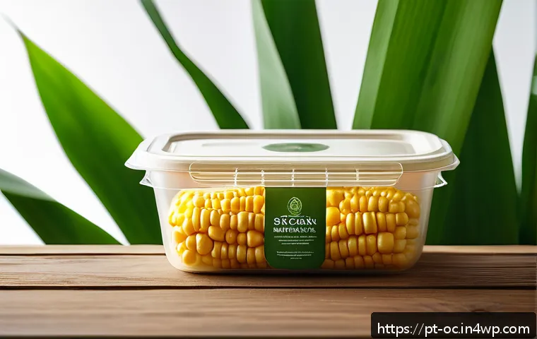 대체 플라스틱 소재의 디자인 혁신 - A detailed close-up of biodegradable bioplastic packaging made from corn starch and sugarcane, showc...