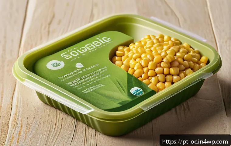 대체 플라스틱 소재의 시장 전망 - A vibrant, detailed close-up of biodegradable packaging made from bioplastics derived from corn and ...