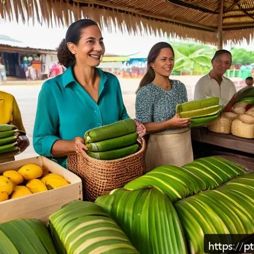 Home 30 대체 플라스틱 소재의 다양한 활용 가능성 - A vibrant market scene in Brazil showcasing eco-friendly packaging made from natural materials such ...