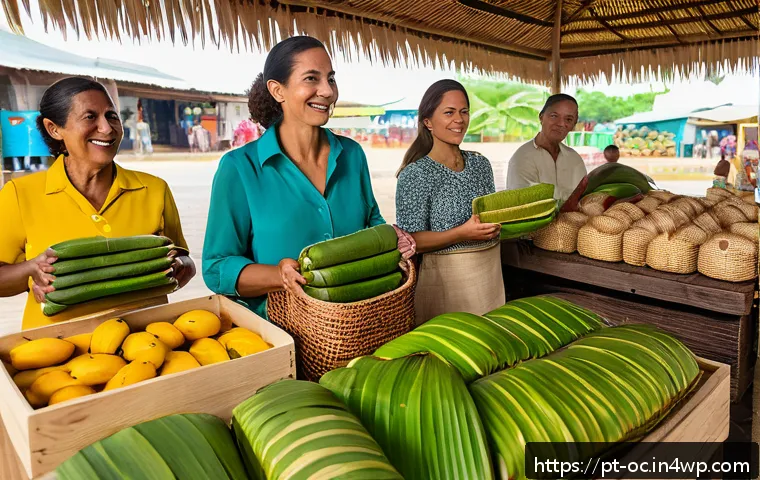 대체 플라스틱 소재의 다양한 활용 가능성 - A vibrant market scene in Brazil showcasing eco-friendly packaging made from natural materials such ...
