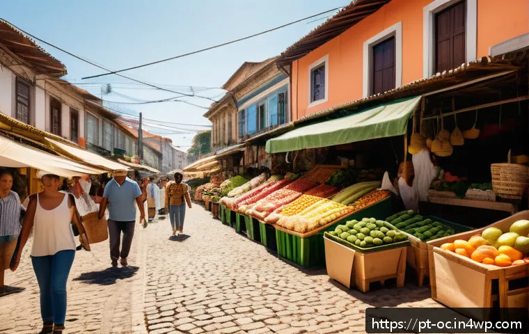 대체 플라스틱 소재의 환경적 장점 - A vibrant and detailed scene showing a bustling Brazilian street market with vendors selling fruits ...