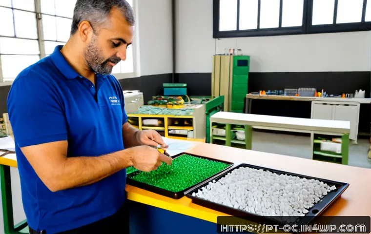 대체 플라스틱 소재의 비용 절감 전략 - Photorealistic industrial procurement scene in a modern Portuguese manufacturing workshop, a middle-...